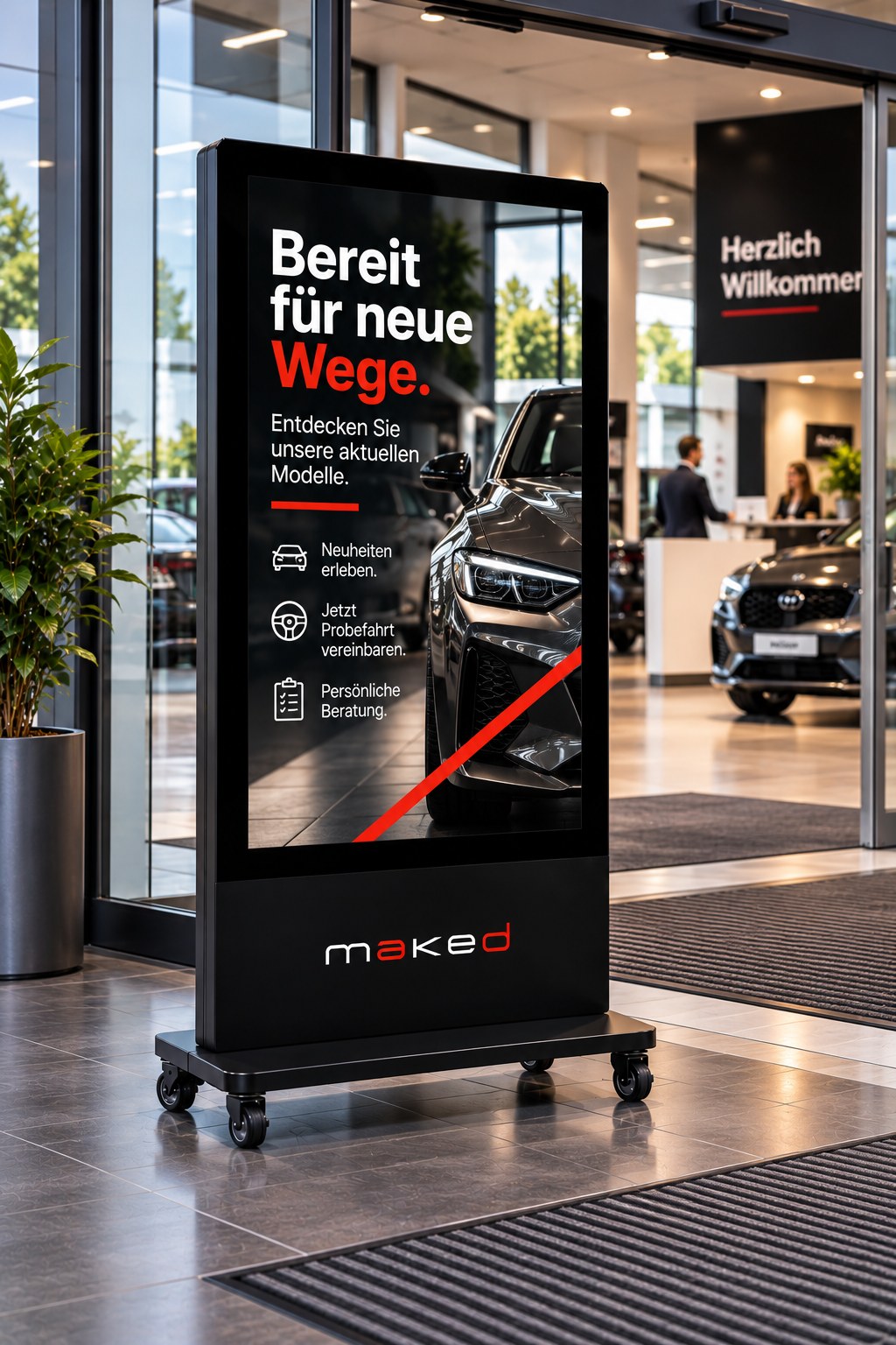 maked LED-Aufsteller im Showroom eines Autohauses