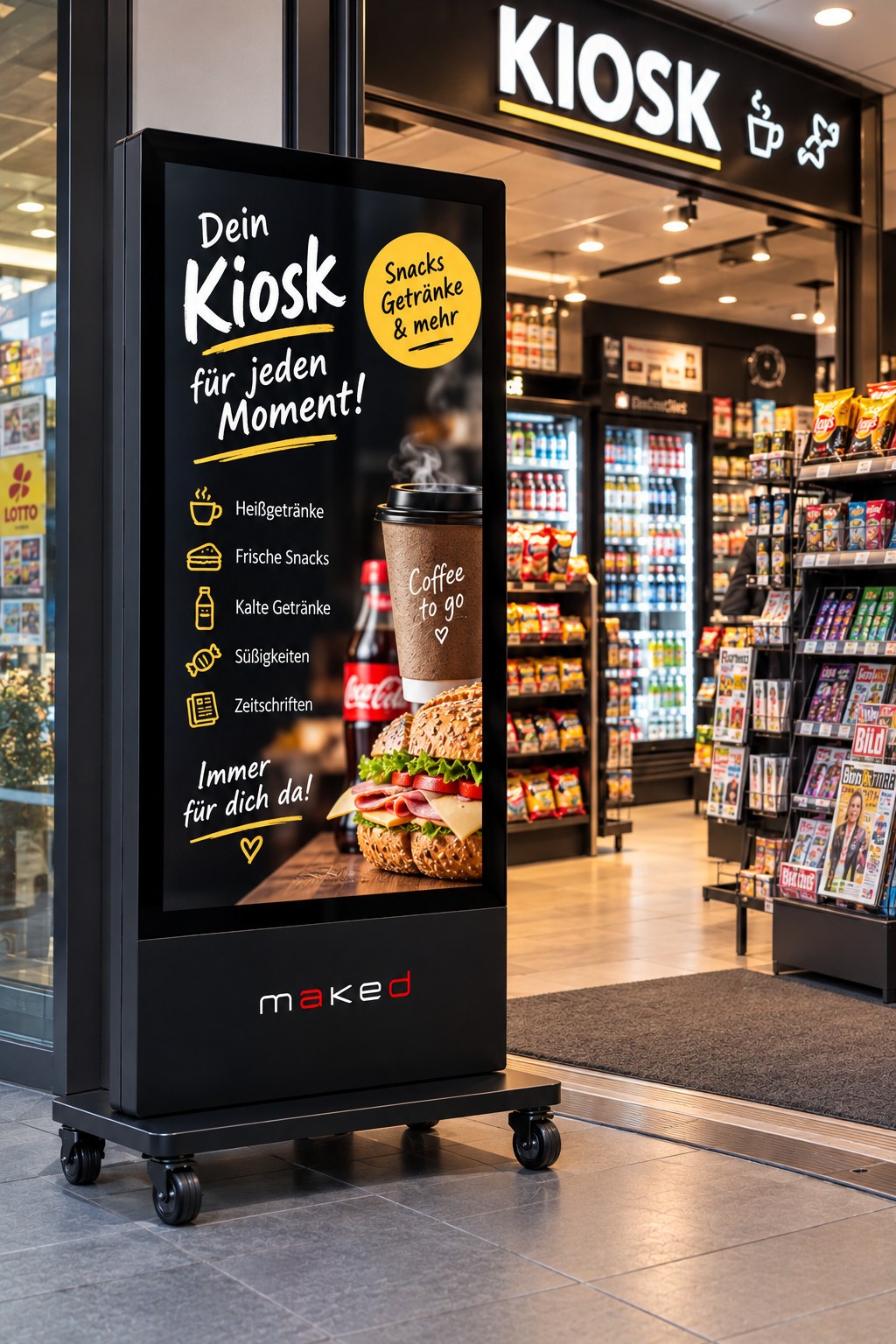 maked LED-Aufsteller vor einem Kiosk