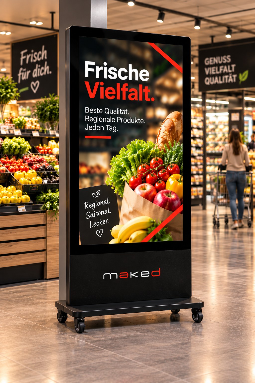 maked LED-Aufsteller in der Frischeabteilung eines Supermarkts