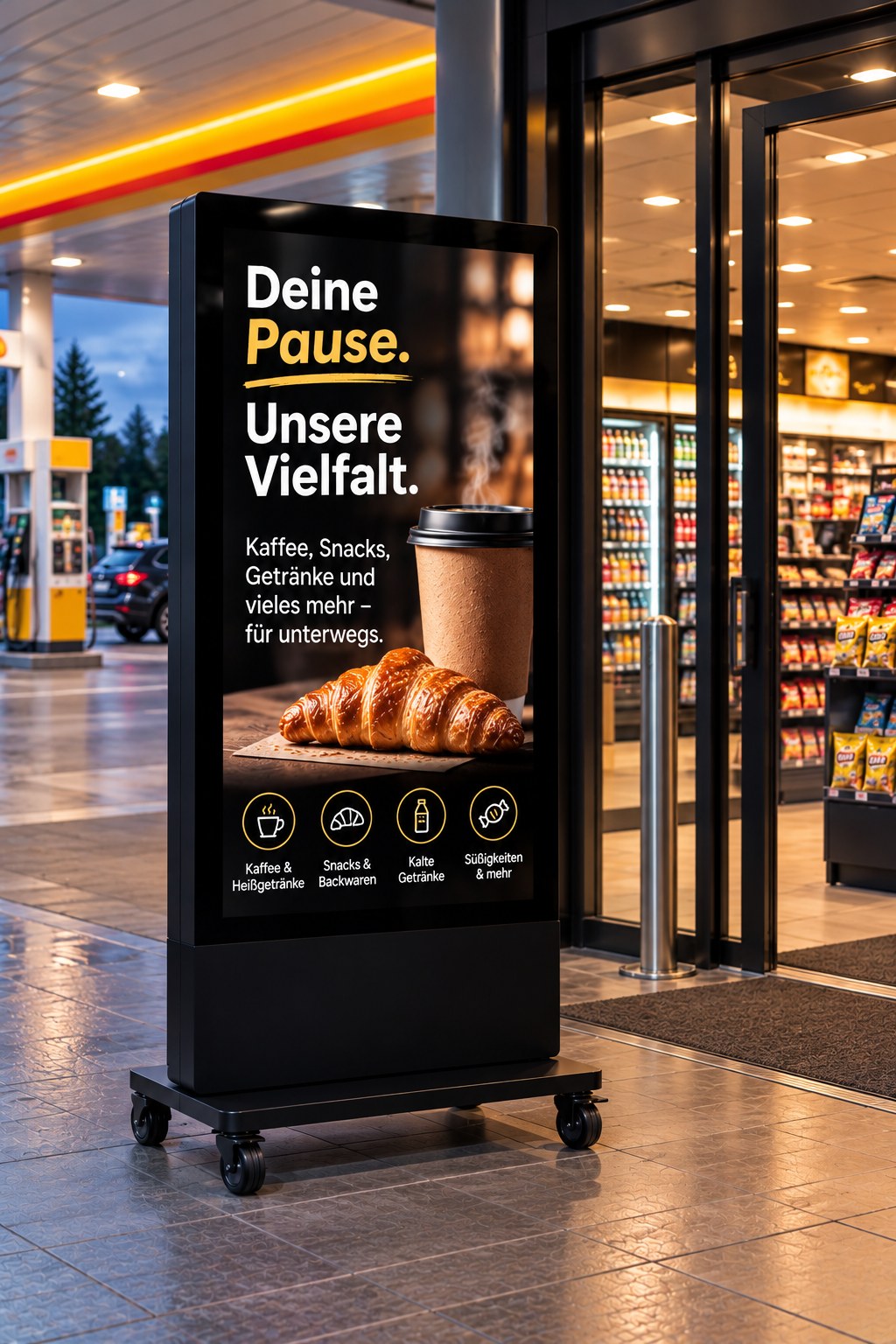 maked LED-Aufsteller im Shop einer Tankstelle